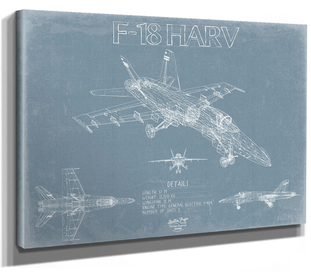 Bella Frye Home & Garden > Decor > Artwork 24" x 18" / Stretched Canvas Wrap F-18 HARV Aircraft Blueprint Wall Art - Original Aviation Plane Print