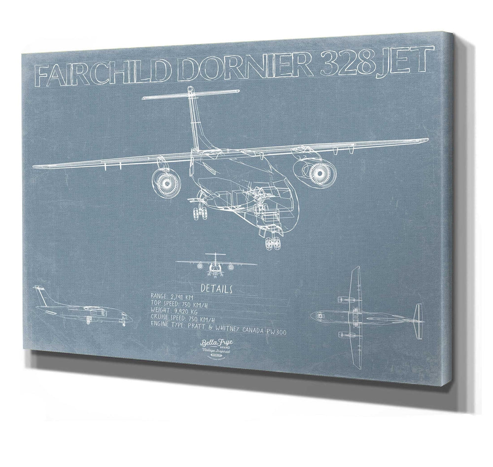 Bella Frye Home & Garden > Decor > Artwork 24" x 18" / Stretched Canvas Wrap Fairchild Dornier 328JET Aircraft Blueprint Wall Art - Original Airplane Print