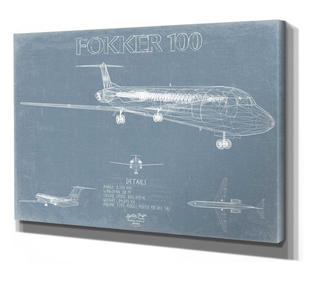 Bella Frye Home & Garden > Decor > Artwork 24" x 18" / Stretched Canvas Wrap Fokker 100 Aircraft Blueprint Wall Art - Original Airplane Print