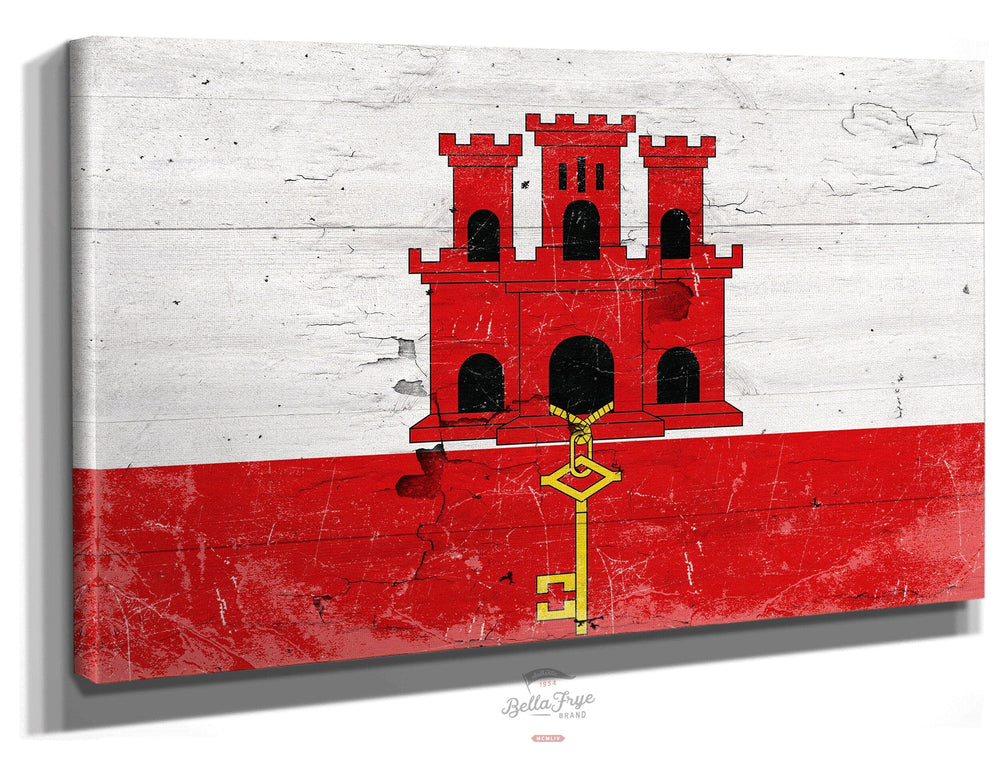 Bella Frye Home & Garden > Decor > Artwork 24" x 18" / Stretched Canvas Wrap Gibraltar Flag Wall Art - Vintage Gibraltar Flag Sign Weathered Wood Style on Canvas