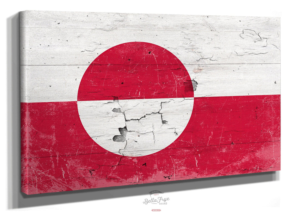 Bella Frye Home & Garden > Decor > Artwork 24" x 18" / Stretched Canvas Wrap Greenland Flag Wall Art - Vintage Greenland Flag Sign Weathered Wood Style on Canvas