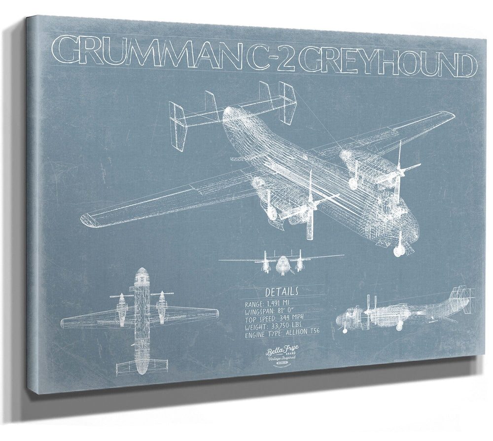 Bella Frye Home & Garden > Decor > Artwork 24" x 18" / Stretched Canvas Wrap Grumman C-2 Greyhound Aircraft Blueprint Wall Art - Original Cargo Aircraft Print