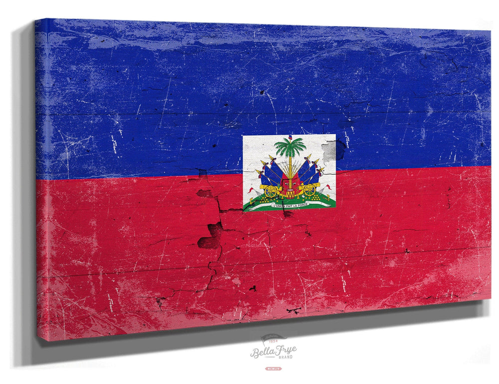 Bella Frye Home & Garden > Decor > Artwork 24" x 18" / Stretched Canvas Wrap Haiti Flag Wall Art - Vintage Haiti Flag Sign Weathered Wood Style on Canvas