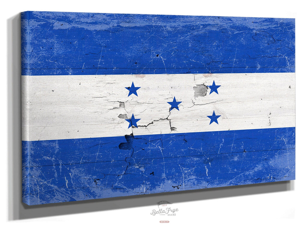 Bella Frye Home & Garden > Decor > Artwork 24" x 18" / Stretched Canvas Wrap Honduras Flag Wall Art - Vintage Honduras Flag Sign Weathered Wood Style on Canvas