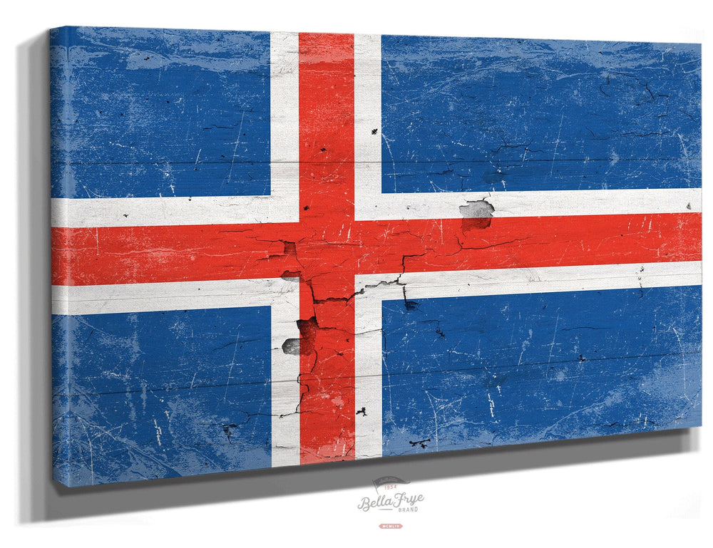 Bella Frye Home & Garden > Decor > Artwork 24" x 18" / Stretched Canvas Wrap Iceland Flag Wall Art - Vintage Iceland Flag Sign Weathered Wood Style on Canvas