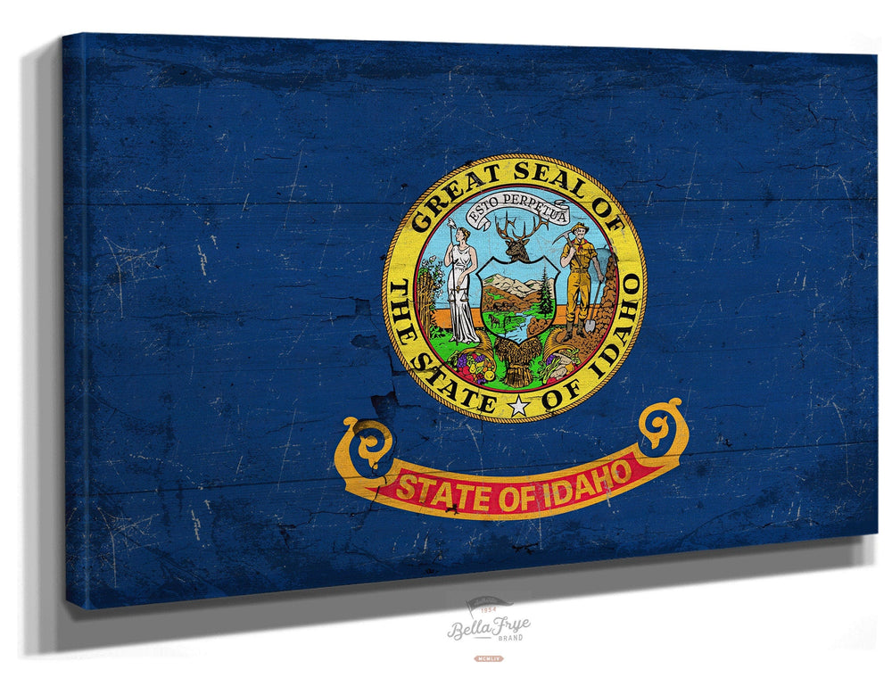 Bella Frye Home & Garden > Decor > Artwork 24" x 18" / Stretched Canvas Wrap Idaho Flag Wall Art - Vintage State of Idaho Sign