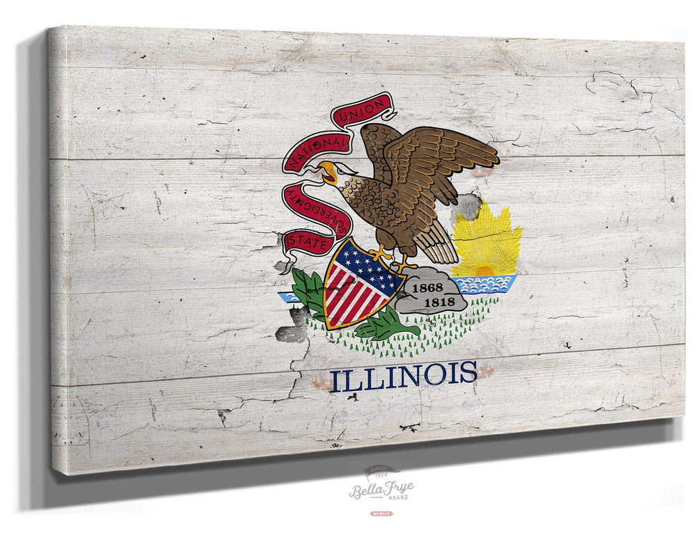Bella Frye Home & Garden > Decor > Artwork 24" x 18" / Stretched Canvas Wrap Illinois Flag Wall Art - Vintage State of Illinois Sign