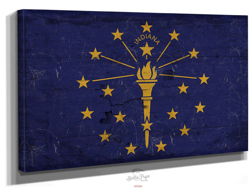 Bella Frye Home & Garden > Decor > Artwork 24" x 18" / Stretched Canvas Wrap Indiana Flag Wall Art - Vintage State of Indiana Sign