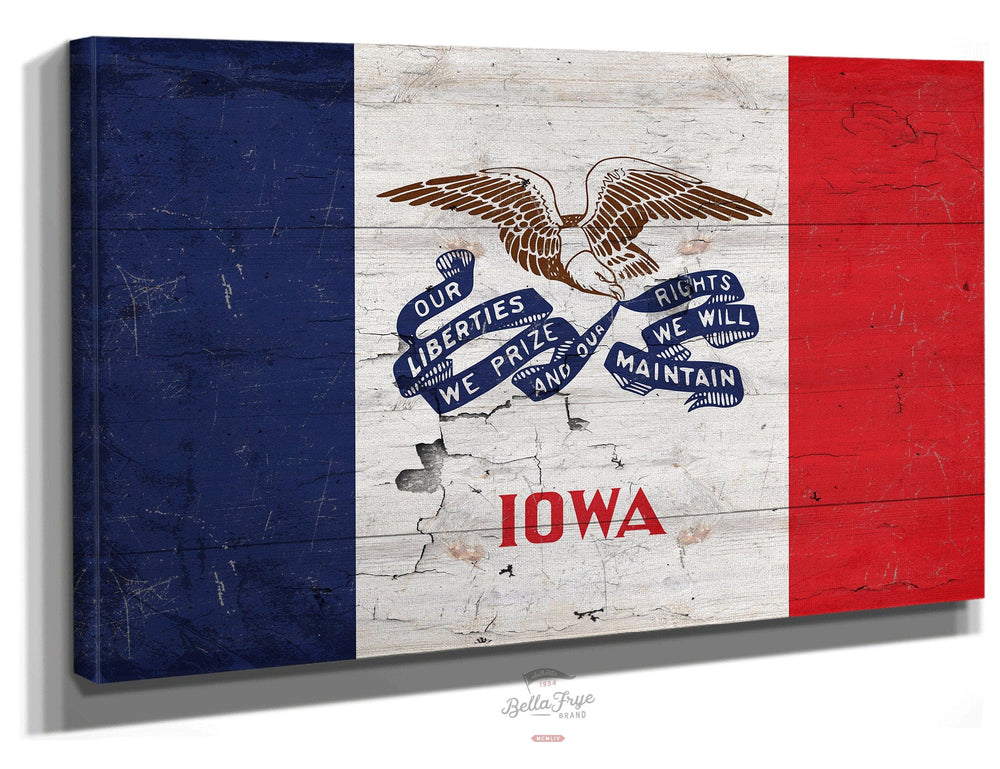 Bella Frye Home & Garden > Decor > Artwork 24" x 18" / Stretched Canvas Wrap Iowa Flag Wall Art - Vintage State of Iowa Sign