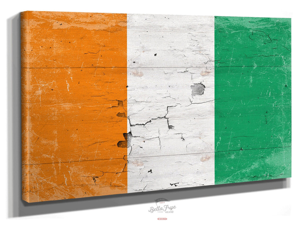 Bella Frye Home & Garden > Decor > Artwork 24" x 18" / Stretched Canvas Wrap Ivory Coast Flag Wall Art - Vintage Ivory Coast Flag Sign Weathered Wood Style on Canvas