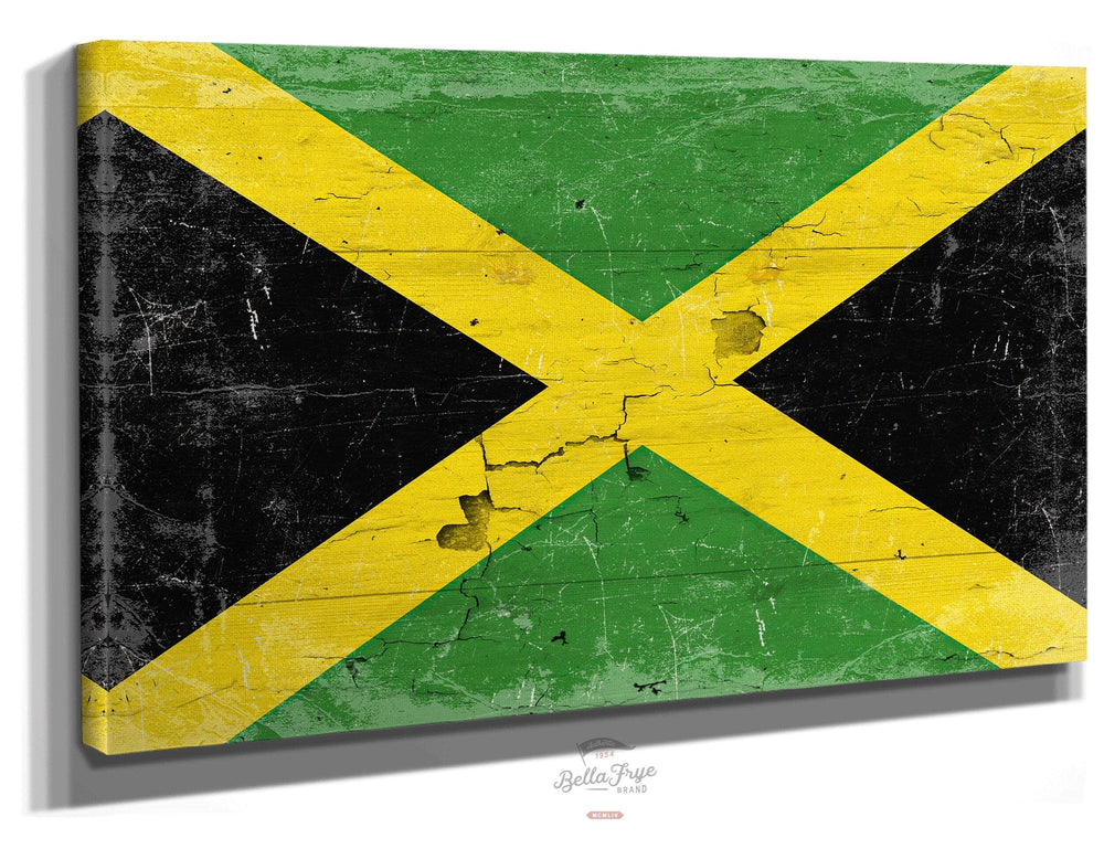 Bella Frye Home & Garden > Decor > Artwork 24" x 18" / Stretched Canvas Wrap Jamaica Flag Wall Art - Vintage Jamaica Flag Sign Weathered Wood Style on Canvas
