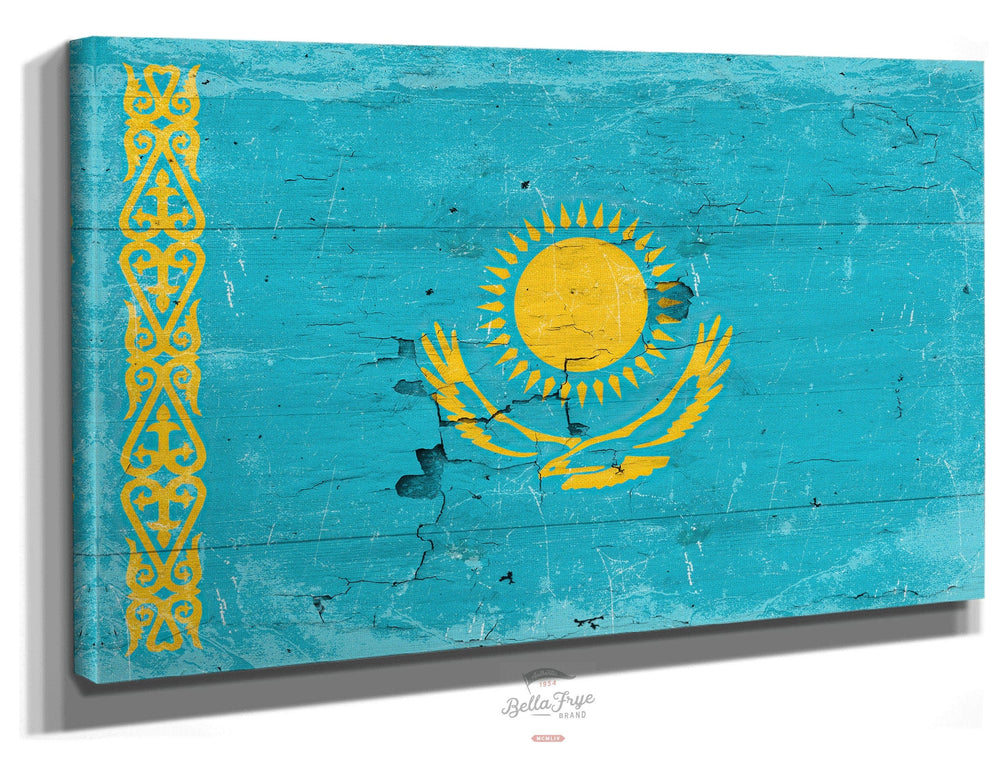 Bella Frye Home & Garden > Decor > Artwork 24" x 18" / Stretched Canvas Wrap Kazakhstan Flag Wall Art - Vintage Kazakhstan Flag Sign Weathered Wood Style on Canvas