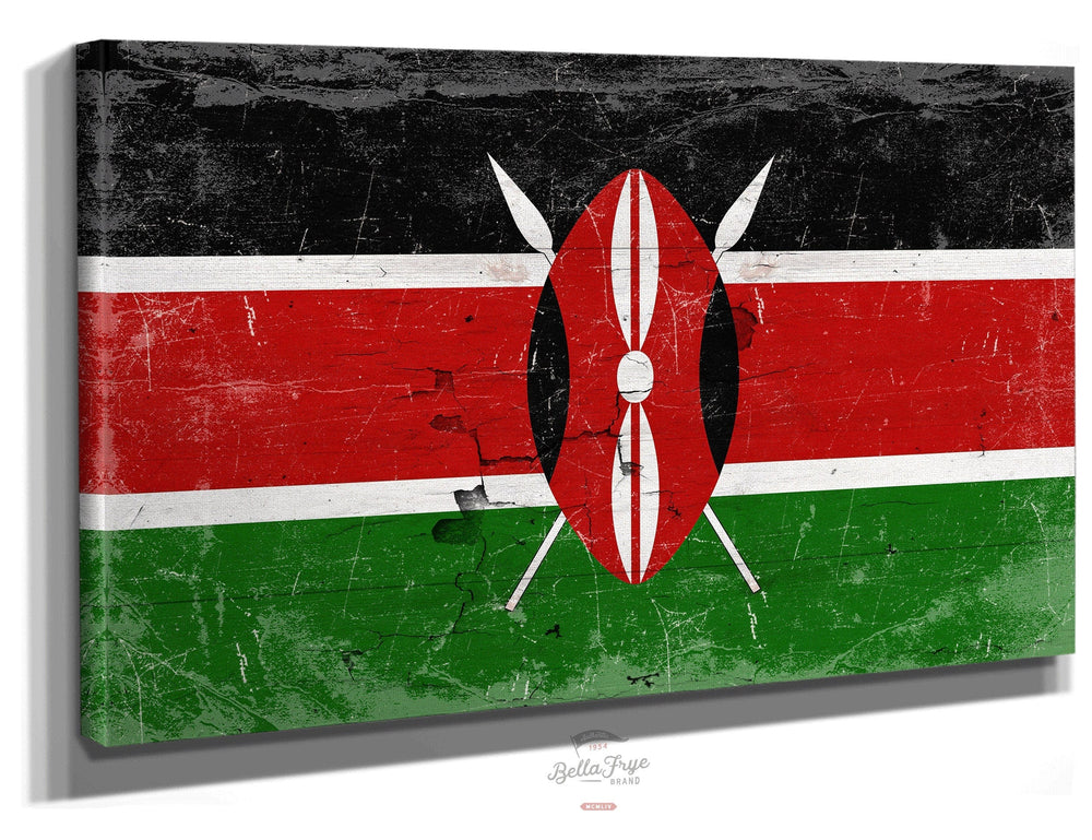 Bella Frye Home & Garden > Decor > Artwork 24" x 18" / Stretched Canvas Wrap Kenya Flag Wall Art - Vintage Kenya Flag Sign Weathered Wood Style on Canvas