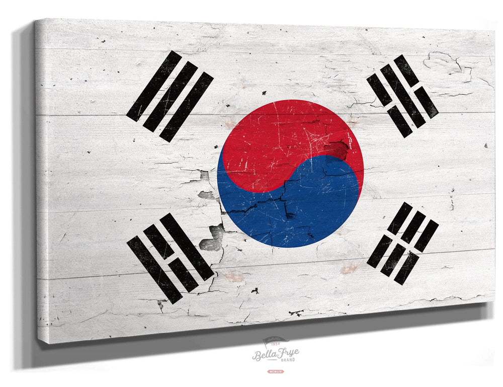 Bella Frye Home & Garden > Decor > Artwork 24" x 18" / Stretched Canvas Wrap Korean Flag Wall Art - Vintage South Korean Flag Sign Weathered Wood Style on Canvas