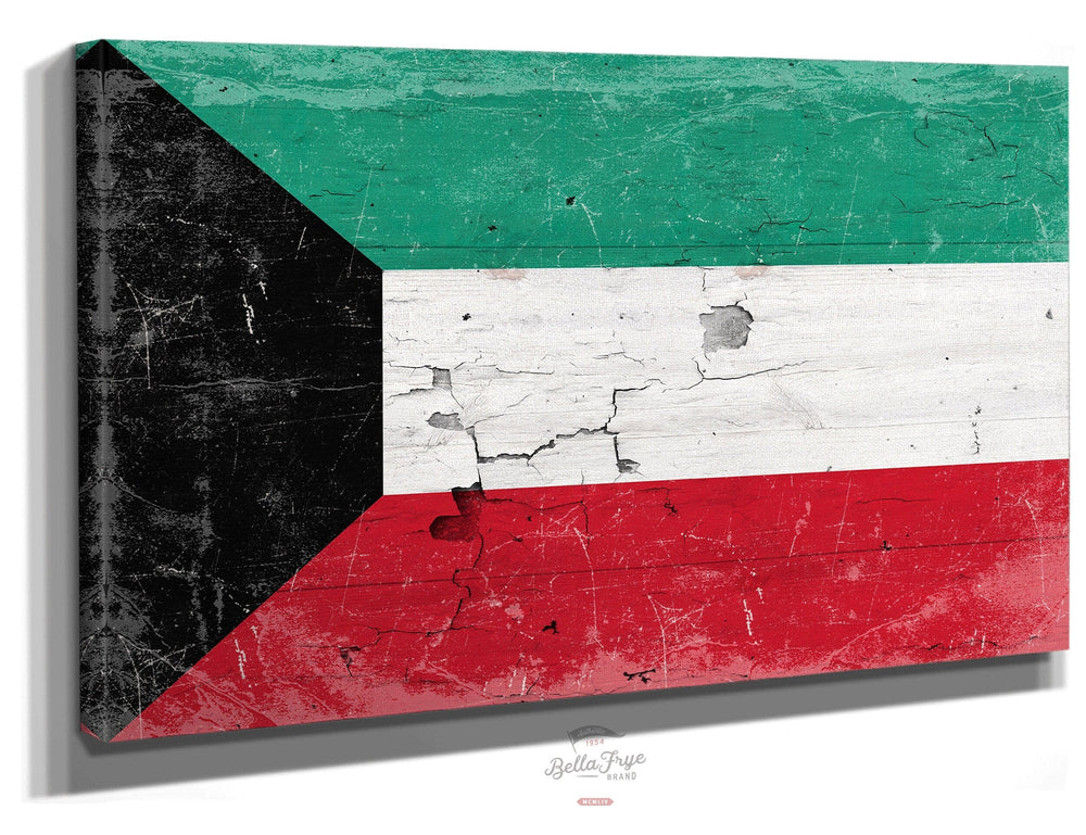 Bella Frye Home & Garden > Decor > Artwork 24" x 18" / Stretched Canvas Wrap Kuwait Flag Wall Art - Vintage Kuwait Flag Sign Weathered Wood Style on Canvas