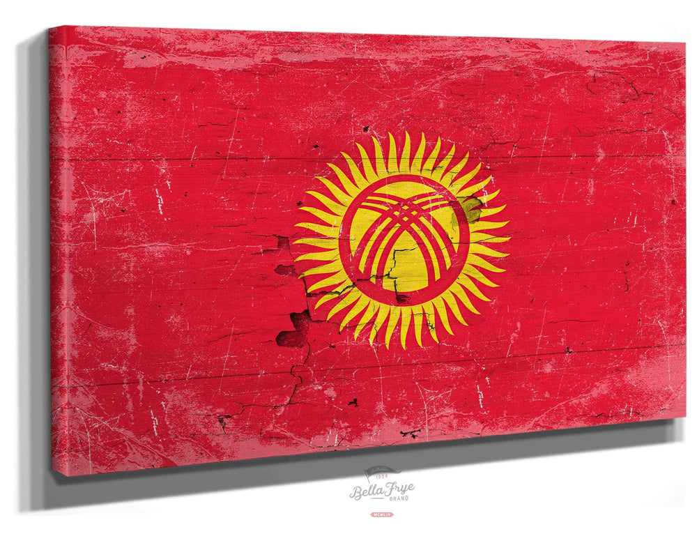 Bella Frye Home & Garden > Decor > Artwork 24" x 18" / Stretched Canvas Wrap Kyrgyzstan Flag Wall Art - Vintage Kyrgyzstan Flag Sign Weathered Wood Style on Canvas