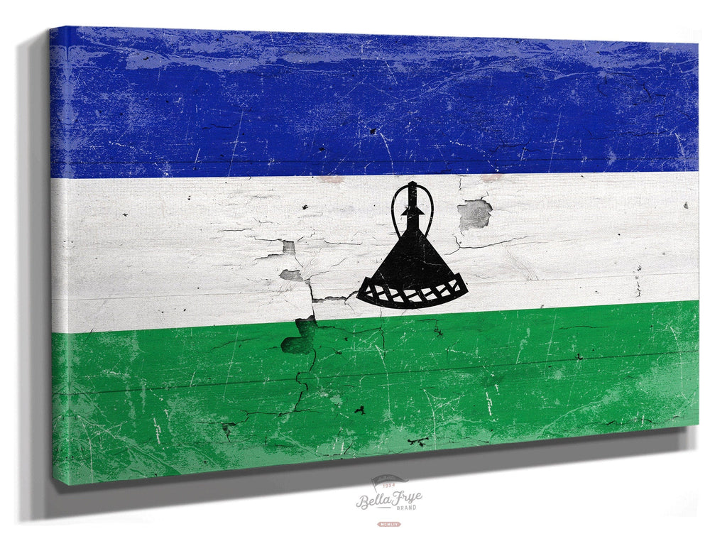 Bella Frye Home & Garden > Decor > Artwork 24" x 18" / Stretched Canvas Wrap Lesotho Flag Wall Art - Vintage Lesotho Flag Sign Weathered Wood Style on Canvas