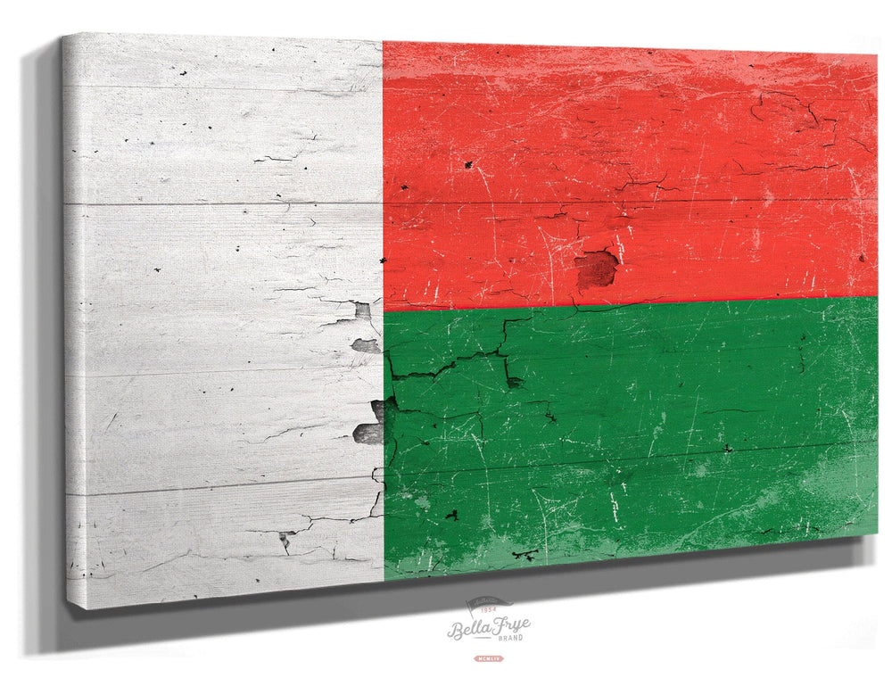 Bella Frye Home & Garden > Decor > Artwork 24" x 18" / Stretched Canvas Wrap Madagascar Flag Wall Art - Vintage Madagascar Flag Sign Weathered Wood Style on Canvas