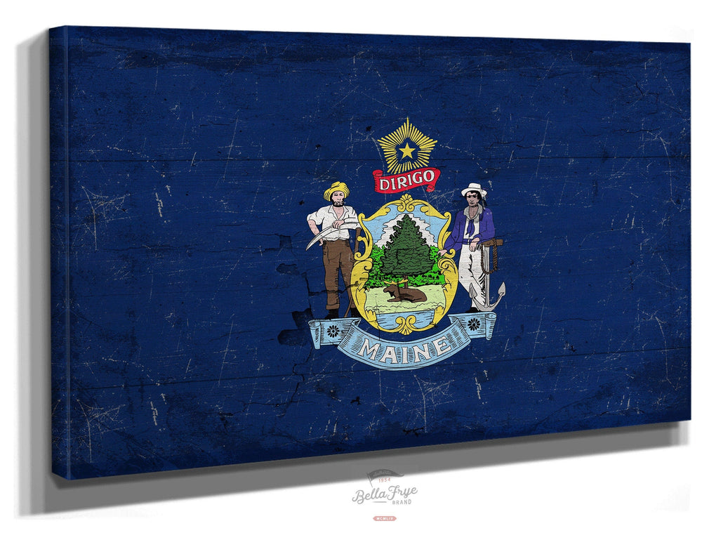 Bella Frye Home & Garden > Decor > Artwork 24" x 18" / Stretched Canvas Wrap Maine Flag Wall Art - Vintage State of Maine Sign