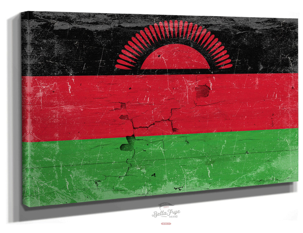 Bella Frye Home & Garden > Decor > Artwork 24" x 18" / Stretched Canvas Wrap Malawi Flag Wall Art - Vintage Malawi Flag Sign Weathered Wood Style on Canvas