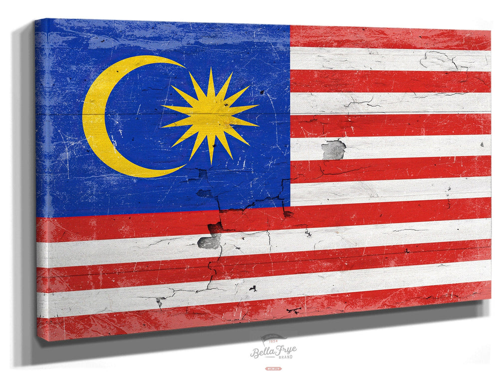 Bella Frye Home & Garden > Decor > Artwork 24" x 18" / Stretched Canvas Wrap Malaysia Flag Wall Art - Vintage Malaysia Flag Sign Weathered Wood Style on Canvas