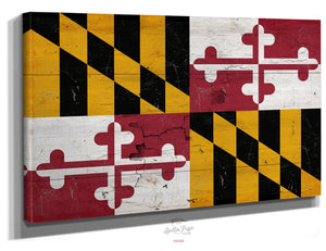 Bella Frye Home & Garden > Decor > Artwork 24" x 18" / Stretched Canvas Wrap Maryland Flag Wall Art - Vintage State of Maryland Sign