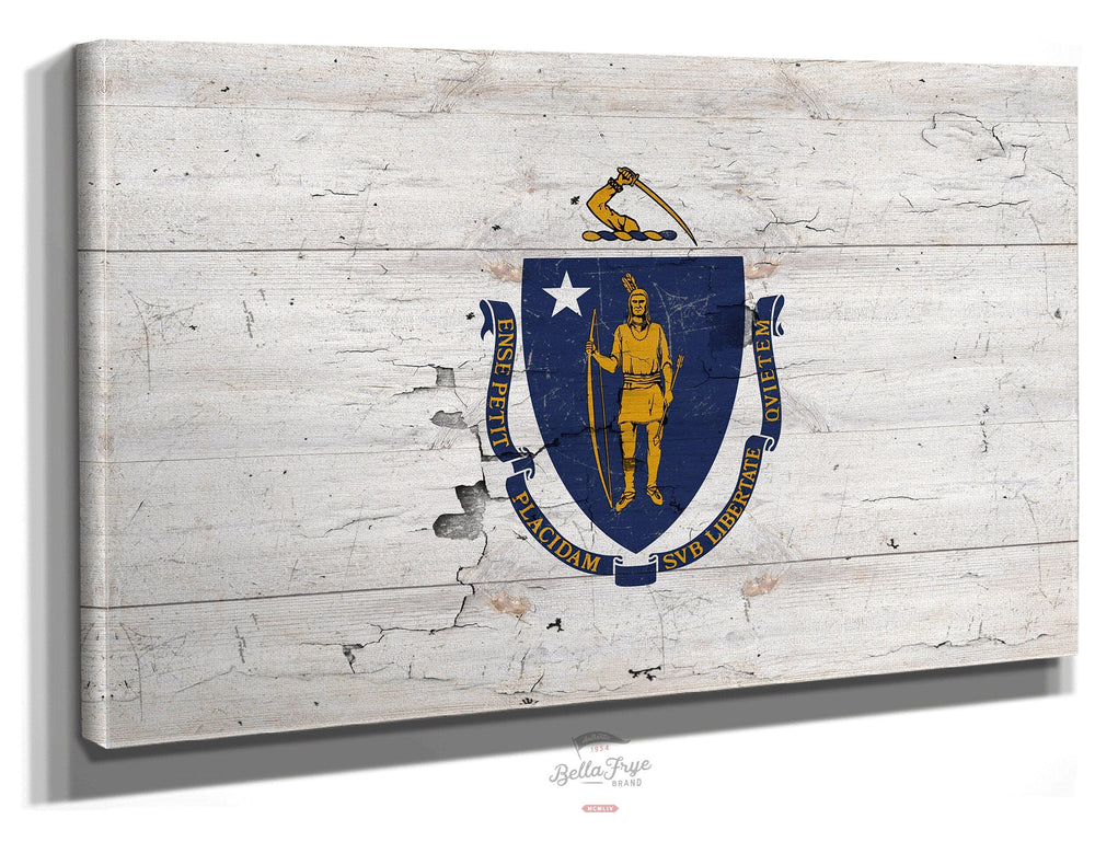 Bella Frye Home & Garden > Decor > Artwork 24" x 18" / Stretched Canvas Wrap Mass Flag Wall Art - Vintage State of Massachusetts Sign