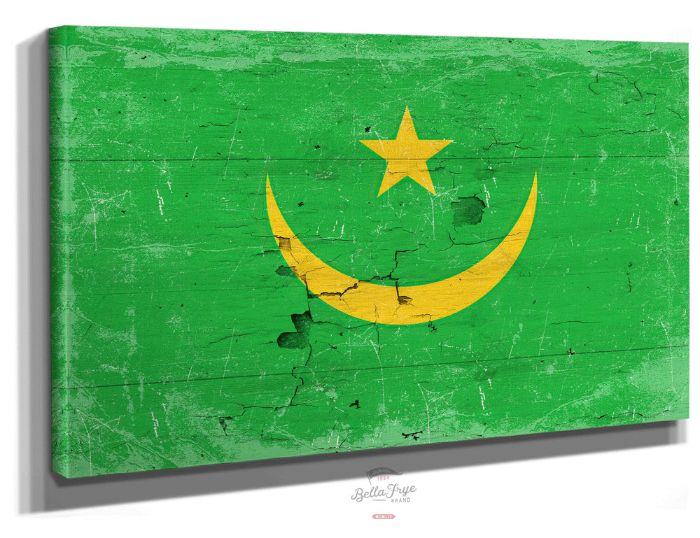 Bella Frye Home & Garden > Decor > Artwork 24" x 18" / Stretched Canvas Wrap Mauritania Flag Wall Art - Vintage Mauritania Flag Sign Weathered Wood Style on Canvas
