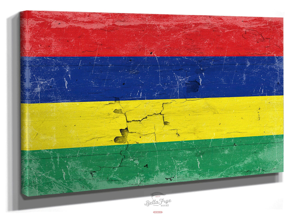 Bella Frye Home & Garden > Decor > Artwork 24" x 18" / Stretched Canvas Wrap Mauritius Flag Wall Art - Vintage Mauritius Flag Sign Weathered Wood Style on Canvas