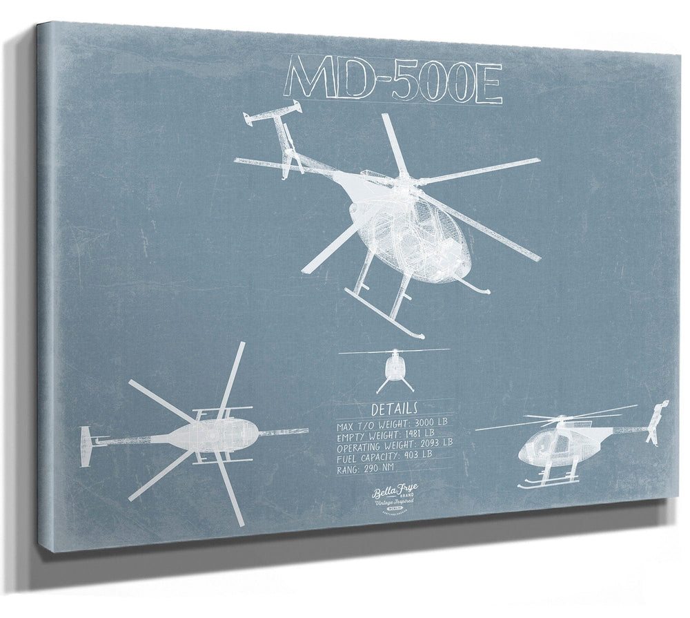 Bella Frye Home & Garden > Decor > Artwork 24" x 18" / Stretched Canvas Wrap MD 500E - MD Helicopters Aircraft Blueprint Wall Art - Original Helicopter Print