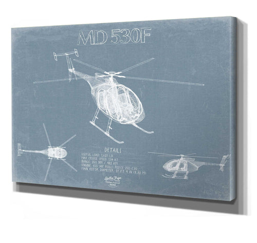 Bella Frye Home & Garden > Decor > Artwork 24" x 18" / Stretched Canvas Wrap MD-530F Aircraft Blueprint Wall Art - Original Helicopter Print