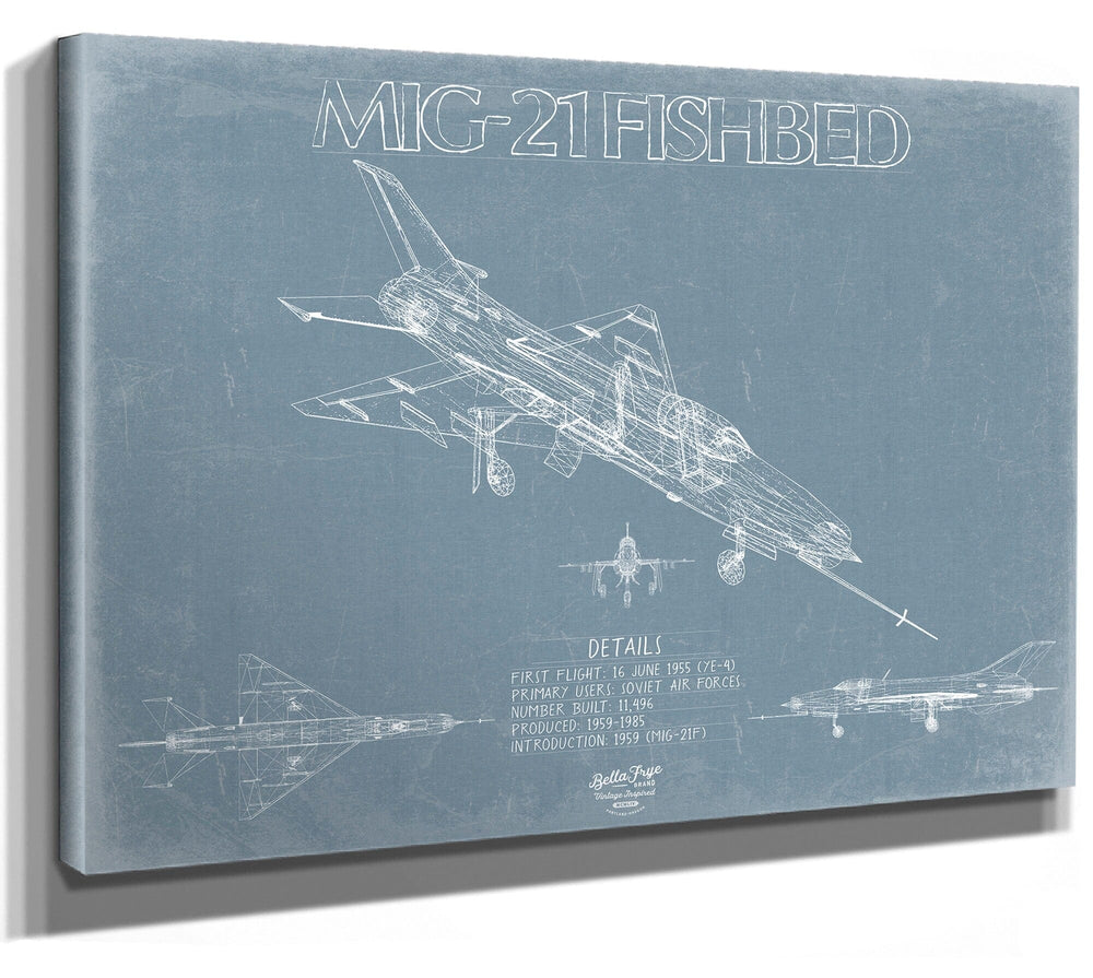 Bella Frye Home & Garden > Decor > Artwork 24" x 18" / Stretched Canvas Wrap Mikoyan-Gurevich MIG-21 Fishbed Aircraft Blueprint Wall Art - Original Fighter Plane Print