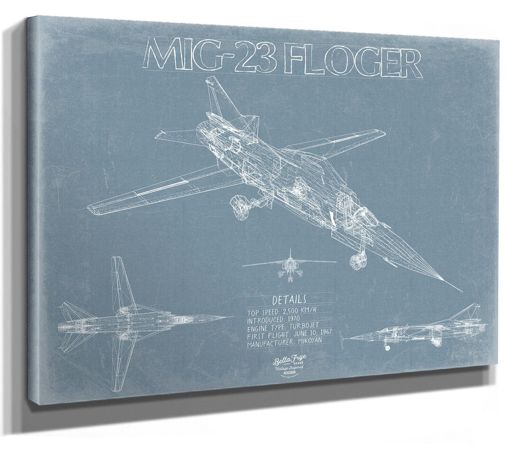 Bella Frye Home & Garden > Decor > Artwork 24" x 18" / Stretched Canvas Wrap Mikoyan-Gurevich MiG-23 Flogger Aircraft Blueprint Wall Art - Original Fighter Plane Print