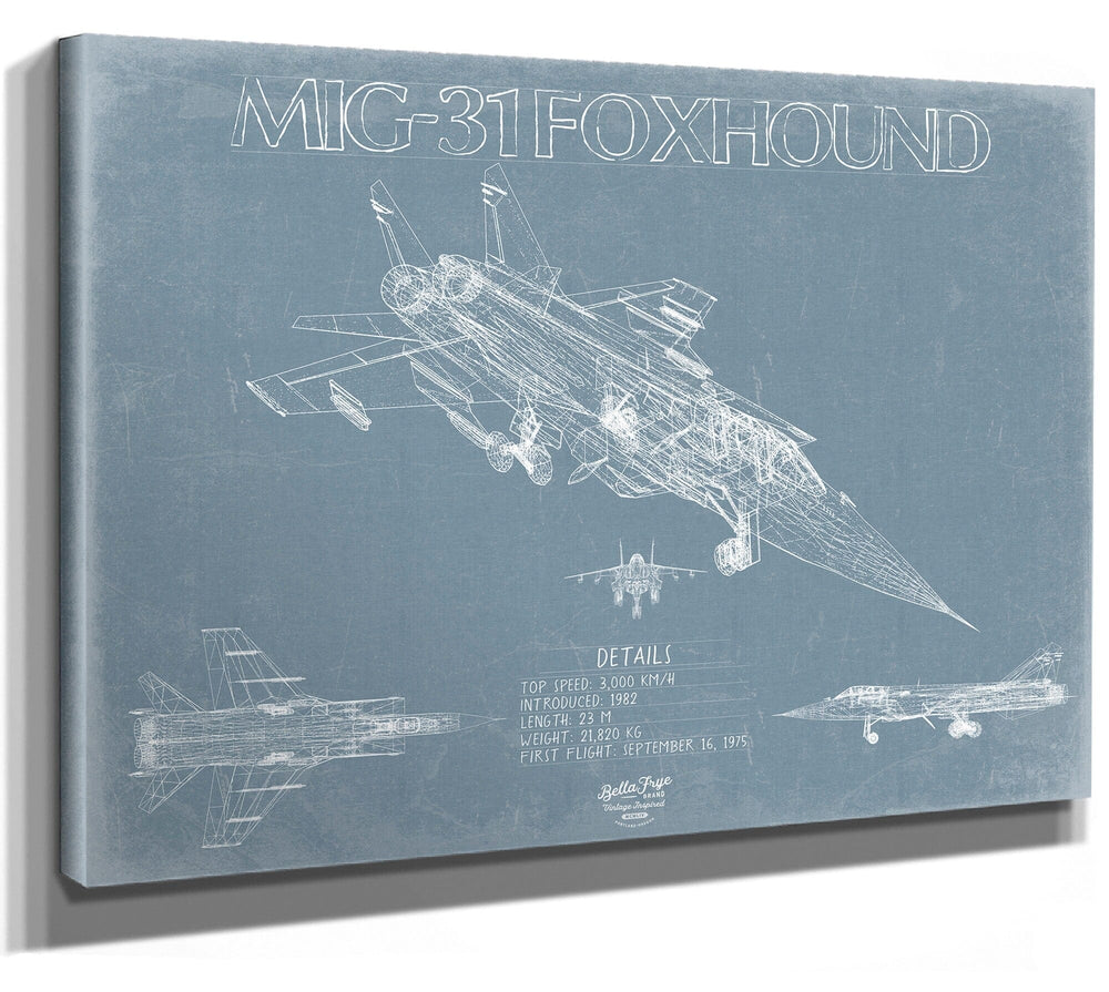 Bella Frye Home & Garden > Decor > Artwork 24" x 18" / Stretched Canvas Wrap Mikoyan MiG-31 Foxhound Aircraft Blueprint Wall Art - Original Fighter Plane Print
