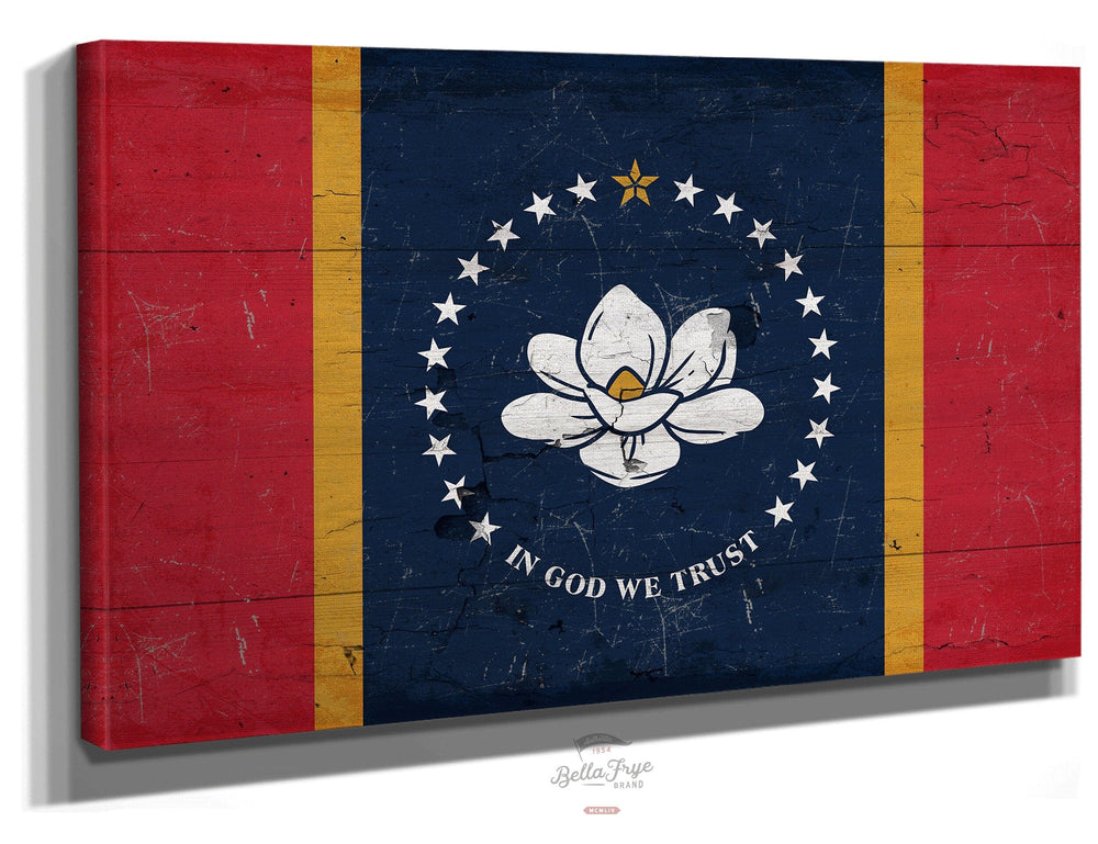 Bella Frye Home & Garden > Decor > Artwork 24" x 18" / Stretched Canvas Wrap Mississippi Flag Wall Art - Vintage State of Mississippi Sign