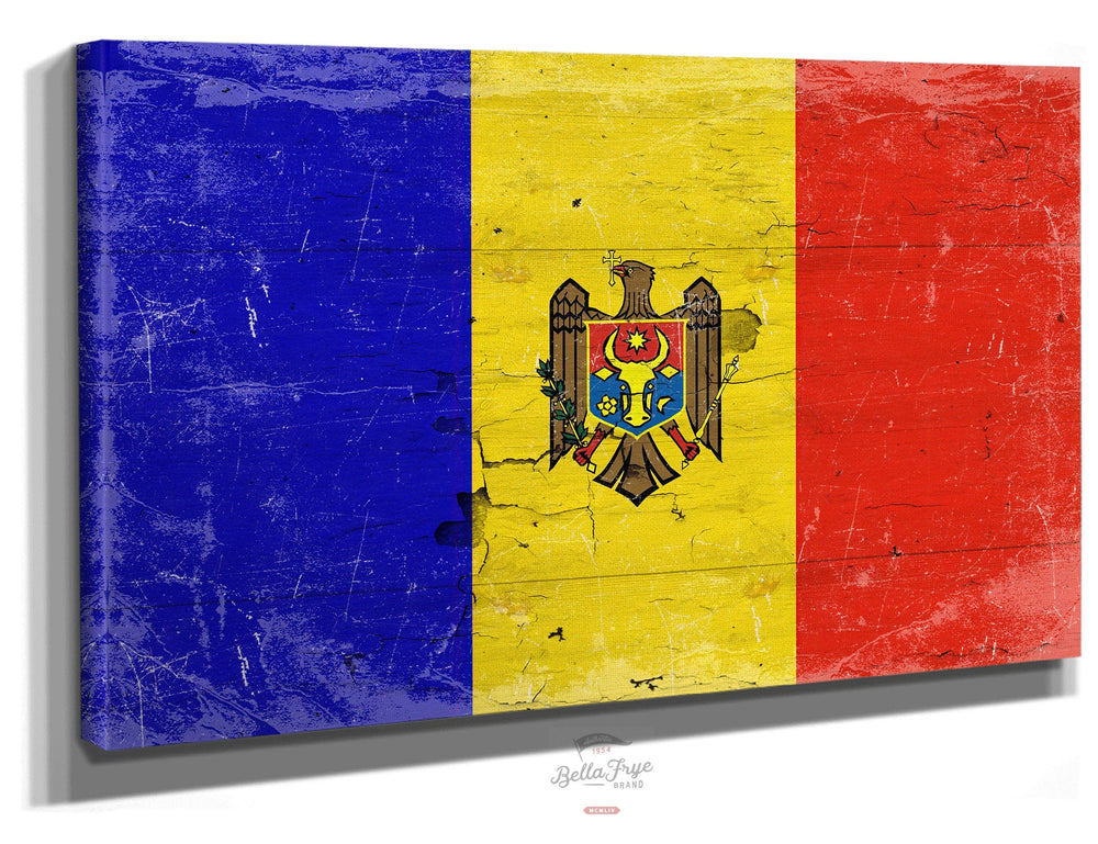 Bella Frye Home & Garden > Decor > Artwork 24" x 18" / Stretched Canvas Wrap Moldova Flag Wall Art - Vintage Moldova Flag Sign Weathered Wood Style on Canvas