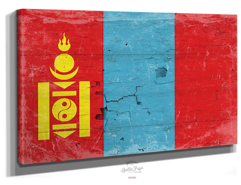 Bella Frye Home & Garden > Decor > Artwork 24" x 18" / Stretched Canvas Wrap Mongolia Flag Wall Art - Vintage Mongolia Flag Sign Weathered Wood Style on Canvas