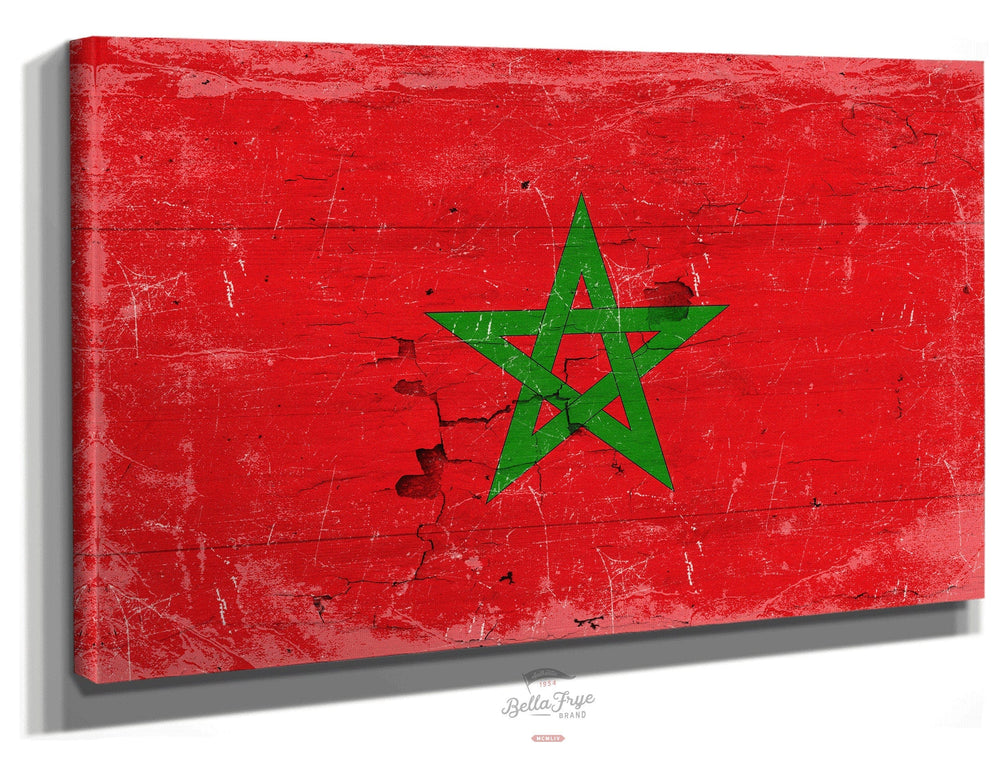 Bella Frye Home & Garden > Decor > Artwork 24" x 18" / Stretched Canvas Wrap Morocco Flag Wall Art - Vintage Morocco Flag Sign Weathered Wood Style on Canvas