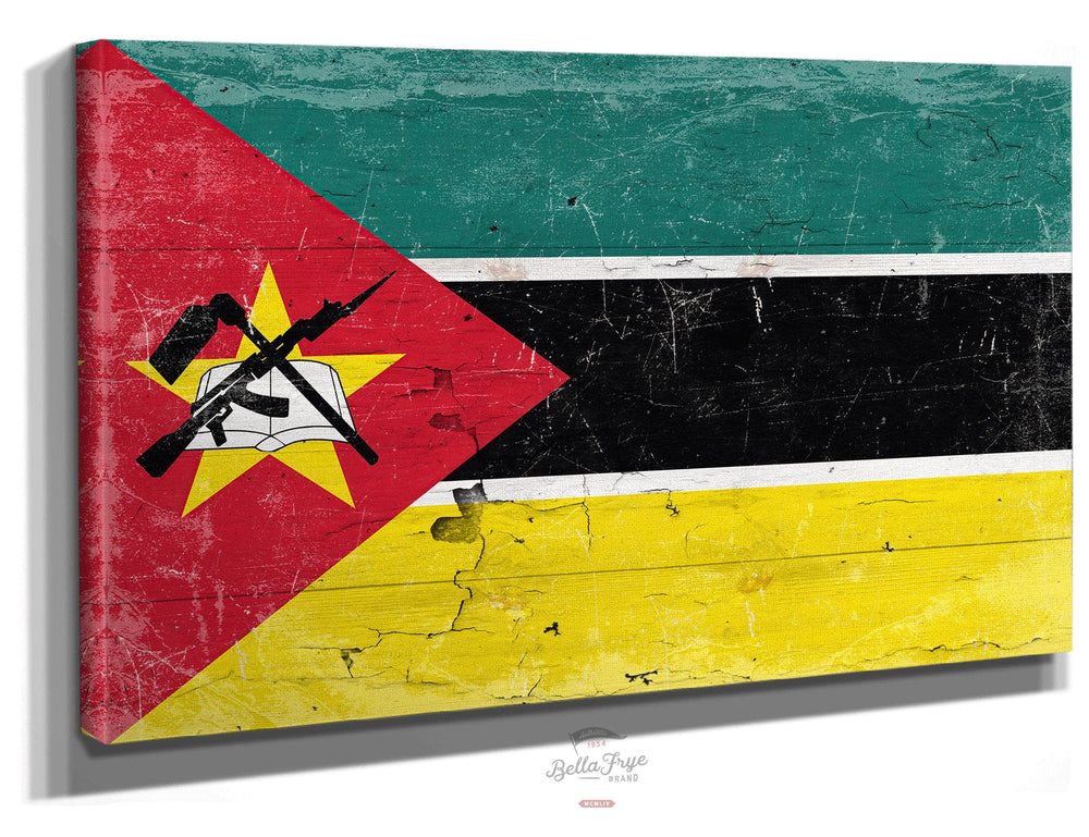 Bella Frye Home & Garden > Decor > Artwork 24" x 18" / Stretched Canvas Wrap Mozambique Flag Wall Art - Vintage Mozambique Flag Sign Weathered Wood Style on Canvas