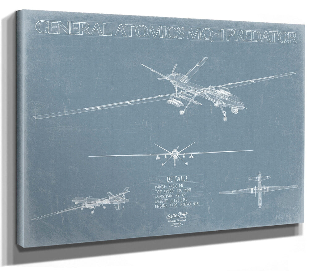 Bella Frye Home & Garden > Decor > Artwork 24" x 18" / Stretched Canvas Wrap MQ-1 Predator Aircraft Blueprint Wall Art - Original UAV Print