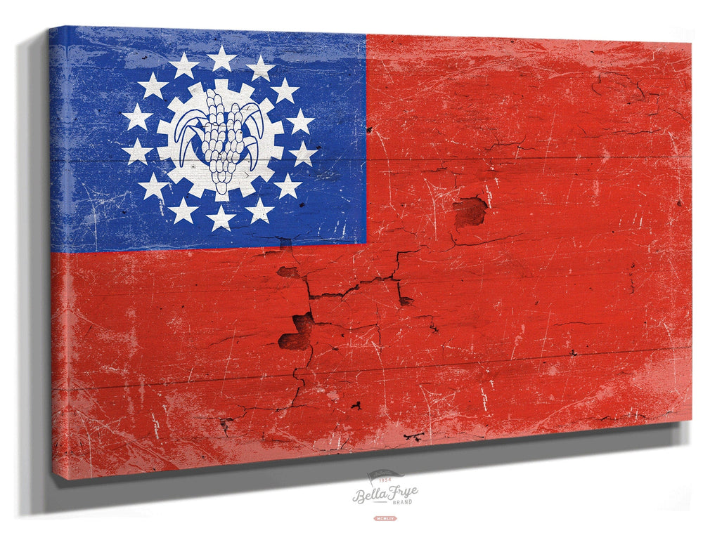 Bella Frye Home & Garden > Decor > Artwork 24" x 18" / Stretched Canvas Wrap Myanmar Flag Wall Art - Vintage Myanmar Flag Sign Weathered Wood Style on Canvas