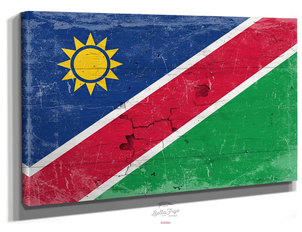 Bella Frye Home & Garden > Decor > Artwork 24" x 18" / Stretched Canvas Wrap Namibia Flag Wall Art - Vintage Namibia Flag Sign Weathered Wood Style on Canvas