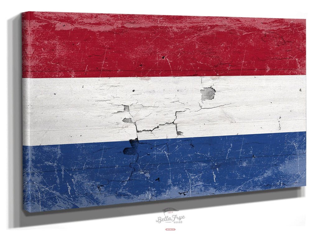 Bella Frye Home & Garden > Decor > Artwork 24" x 18" / Stretched Canvas Wrap Netherlands Flag Wall Art - Vintage Netherlands Flag Sign Weathered Wood Style on Canvas
