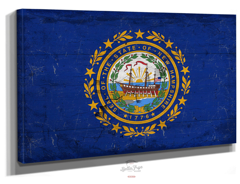 Bella Frye Home & Garden > Decor > Artwork 24" x 18" / Stretched Canvas Wrap New Hampshire Flag Wall Art - Vintage State of New Hampshire Sign