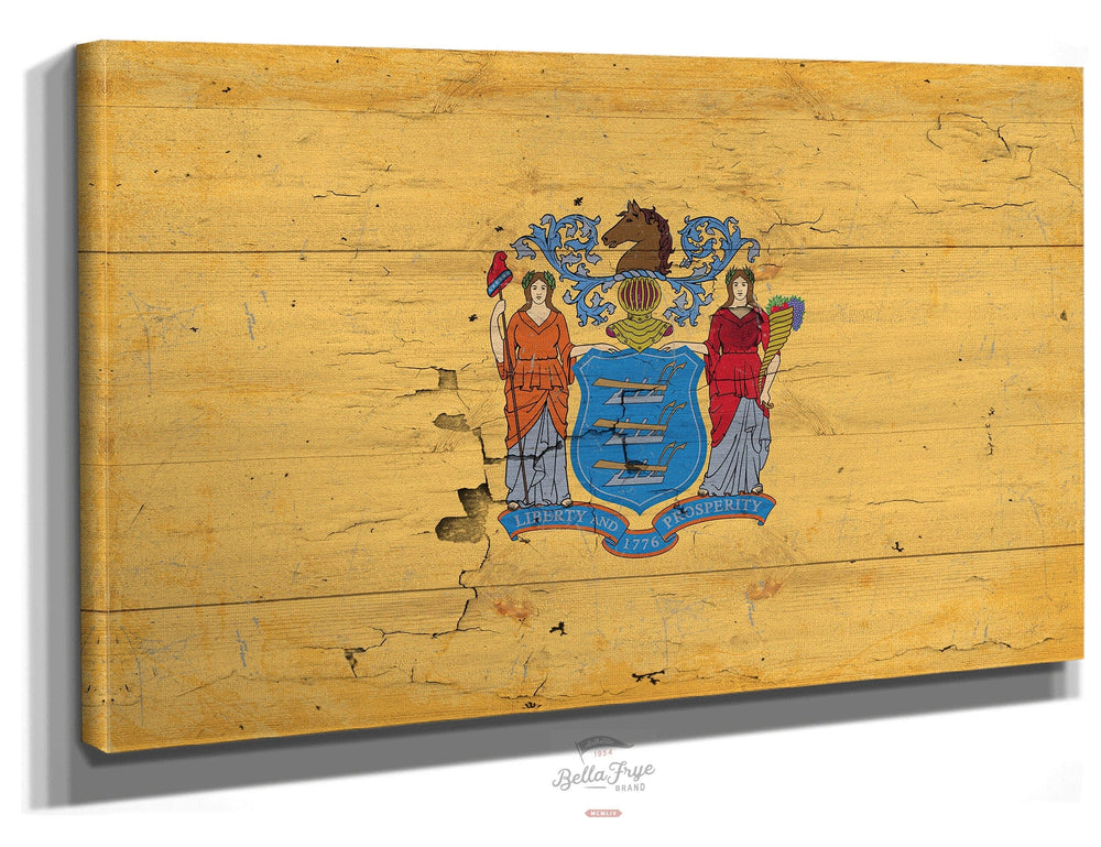 Bella Frye Home & Garden > Decor > Artwork 24" x 18" / Stretched Canvas Wrap New Jersey Flag Wall Art - Vintage State of New Jersey Sign