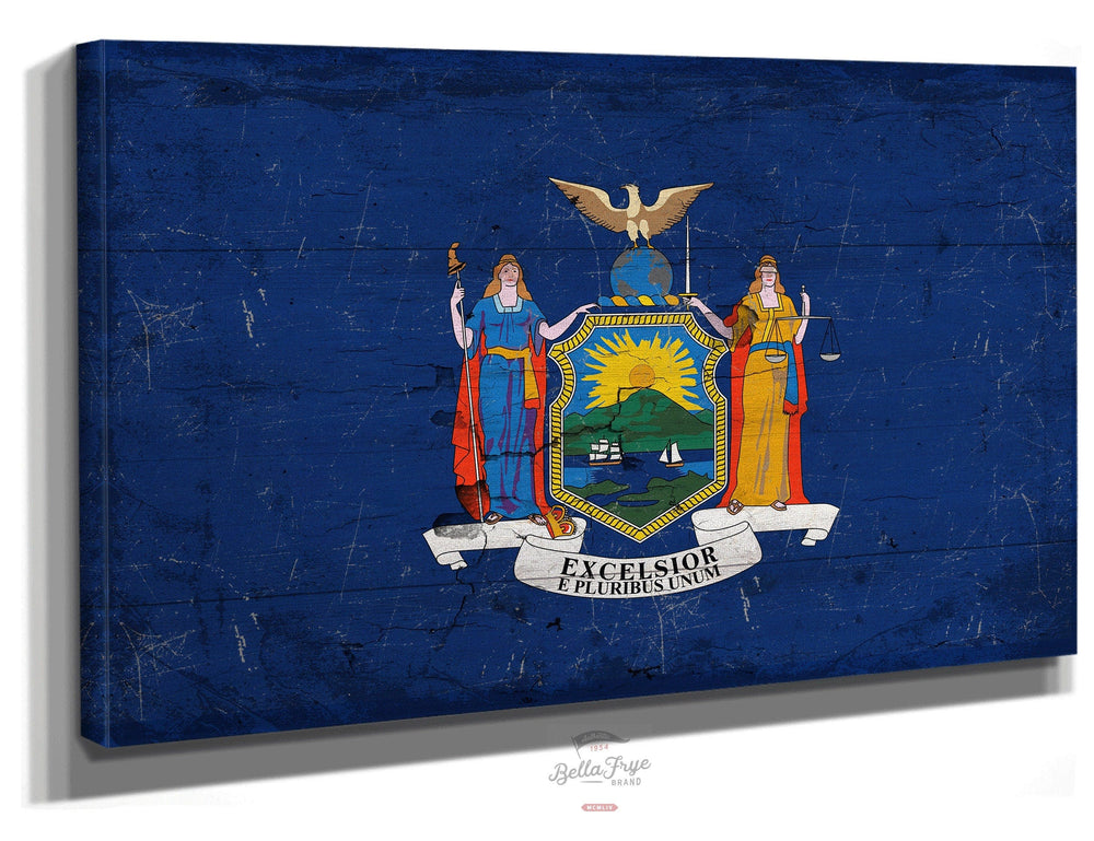 Bella Frye Home & Garden > Decor > Artwork 24" x 18" / Stretched Canvas Wrap New York Flag Wall Art - Vintage State of New York Sign