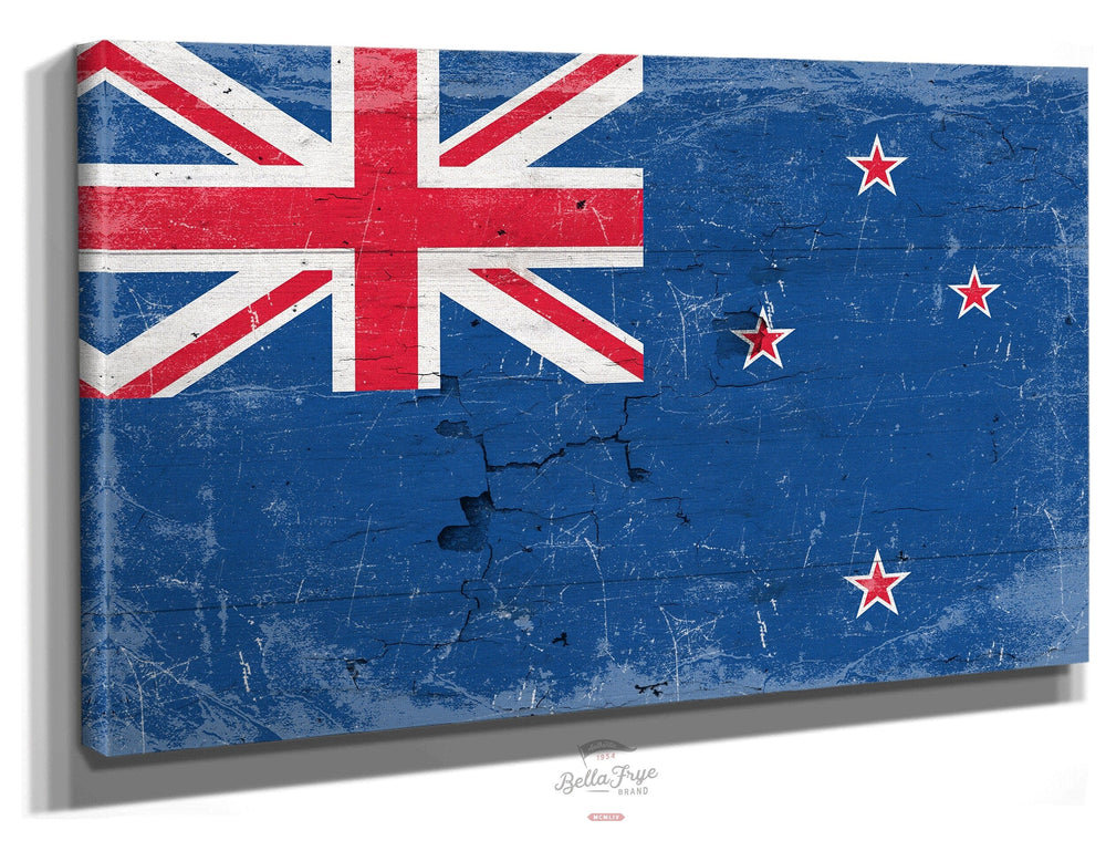 Bella Frye Home & Garden > Decor > Artwork 24" x 18" / Stretched Canvas Wrap New Zealand Flag Wall Art - Vintage New Zealand Flag Sign Weathered Wood Style on Canvas
