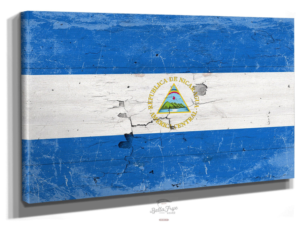 Bella Frye Home & Garden > Decor > Artwork 24" x 18" / Stretched Canvas Wrap Nicaragua Flag Wall Art - Vintage Nicaragua Flag Sign Weathered Wood Style on Canvas