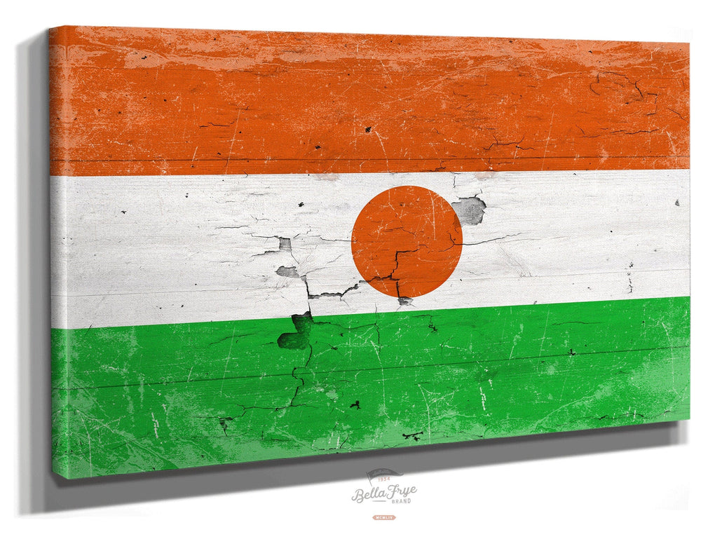 Bella Frye Home & Garden > Decor > Artwork 24" x 18" / Stretched Canvas Wrap Niger Flag Wall Art - Vintage Niger Flag Sign Weathered Wood Style on Canvas