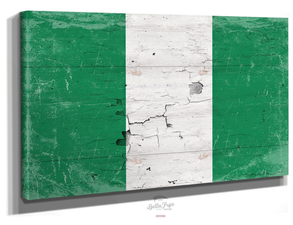 Bella Frye Home & Garden > Decor > Artwork 24" x 18" / Stretched Canvas Wrap Nigeria Flag Wall Art - Vintage Nigeria Flag Sign Weathered Wood Style on Canvas